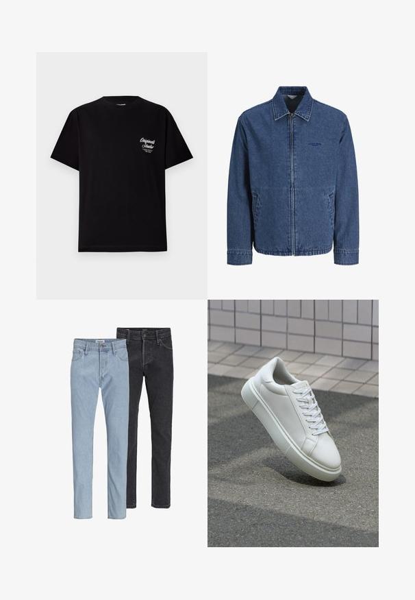 Blå denim jakke med lynlås, krave, lange ærmer, forlommer og diskret broderet logo på venstre bryst.; Sort kortærmet t-shirt lavet af bomuld. Har et lille hvidt logo på venstre brystområde. Rund halsudskæring, almindelig pasform.; To par klassiske jeans med lige ben, en lyseblå og en sort, vist side om side på hvid baggrund.; Hvide lædersneakers med en glat overflade, rund tå og flade hvide snørebånd. Har en tekstureret gummisål og minimalt design.