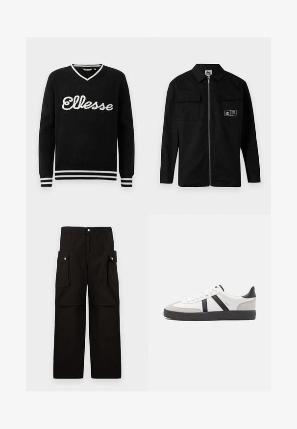 Zwarte jas van stevig materiaal met een kraag, een ritssluiting aan de voorkant en twee borstzakken. Bevat een logolabel op de linkse zak.; Zwarte V-hals trui met witte "Ellesse" logo op de borst en witte strepen op de kraag, manchetten en onderrand.; Zwarte cargobroek van zachte stof, met een elastische tailleband, zijzakken met kleppen en een losse, rechtvallende pasvorm.; Witte sneaker met zwarte en grijze accenten, voorzien van een grijze neus met textuur, zwarte rubberen zool en platte witte veters. Schoon ontwerp, minimalistische stijl.