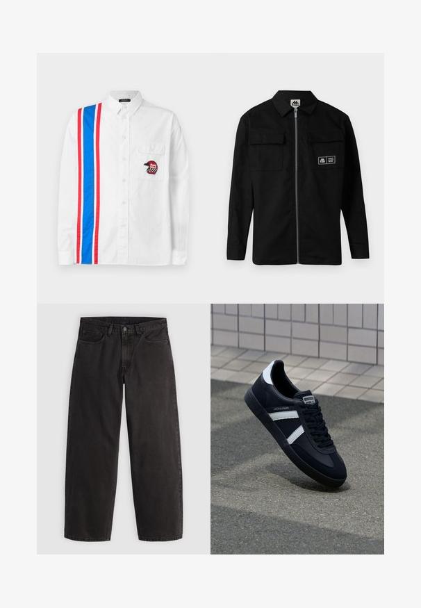 Zwarte jas van stevig materiaal met een kraag, een ritssluiting aan de voorkant en twee borstzakken. Bevat een logolabel op de linkse zak.; Witte overhemden met een blauw-rood gestreept ontwerp aan één kant en een zwart geborduurd helm-embleem op de borstzak.; Zwarte denim jeans met rechte pijpen, vijf zakken en riemlussen, plat liggend op een lichte effen achtergrond.; Zwarte leren sneaker met witte strepen, een gestructureerde rubberen zool en vetersluiting aan de voorkant. Voorzien van een merklabel op de tong.