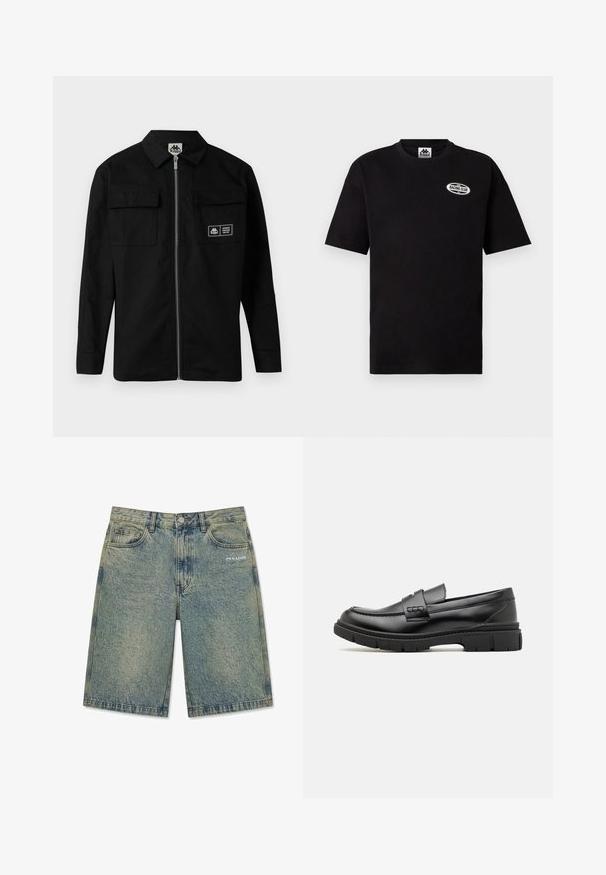 Schwarze Jacke aus strapazierfähigem Stoff mit kragenlosem Ausschnitt, Frontreißverschluss und zwei Brusttaschen. Mit einem Logolabel auf der linken Tasche.; Schwarzes kurzärmeliges Kappa-T-Shirt mit ovalem "Racing Club"-Logo auf der oberen linken Brust und rundem Ausschnitt.; Hellblaue Denim-Shorts mit ausgewaschenem Finish, Vordertaschen, Gürtelschlaufen, Knopfverschluss und „PEGADOR“-Logo auf der rechten Vordertasche.; Schwarze Lederloafer mit einem breiten Riemen über dem Rist, Gummisohle mit dicken Profilen und glatter Textur. Klassisches, schlankes Design.