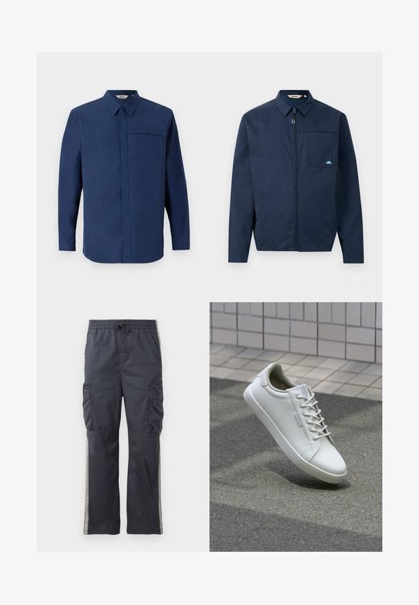 Chaqueta azul marino de tejido suave, con cremallera frontal, cuello puntiagudo y un bolsillo en el pecho con un pequeño acento de logo.; Camisa de manga larga de color navy con cuello abotonado, un bolsillo en el pecho y una textura limpia y suave. Presenta un pequeño logotipo en el bolsillo.; Pantalones cargo gris oscuro con cinturilla elástica, cordón y bolsillos laterales. Presentan franjas laterales gris claro y un ajuste relajado.; Zapatilla blanca hecha de cuero texturizado, con un cierre de cordones en la parte delantera, suela de goma resistente y un diseño minimalista con puntera reforzada.