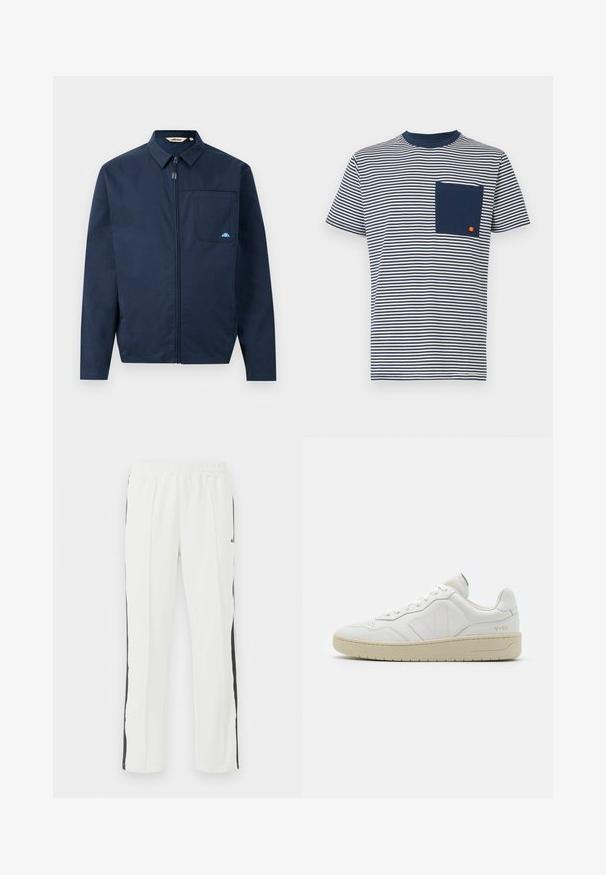 Tumedast sinine jakk, mis on valmistatud siledast kangast, millel on luku ees, terav krae ja üks rinnatasku väikese logo aktsendiga.; Ellesse HIRST TEE - Trükipildiga T-särk - navy; Valged spordipüksid elastse vöökohaga, mustade külgtriipudega, sirgete jalgade disainiga ja sileda kangatekstuuriga.; Valged nahast spordijalatsid tekstuurse viimistlusega ja pehmendatud kaelusega. Omab beeži kummist tallat ja diskreetset brändingut kandade ja külgede peal.