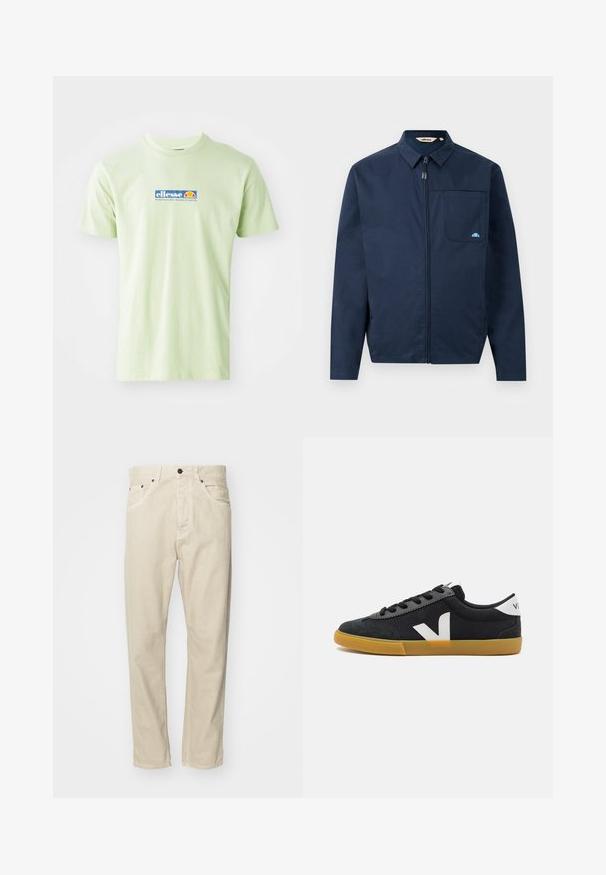 Mørkeblå jakke lavet af glat stof, med lynlås foran, spidse kraver og en enkelt brystlomme med en lille logo detajle.; Lys grøn bomulds T-shirt med et blåt og orange "ellesse" logo foran. Klassisk crew neck design med korte ærmer.; Beige, bomuldsbukser med lige pasform, fem lommer og metalhardware detaljer. Glat tekstur med minimale syninger.; Sorte lærredssneakers med en suede tåboks, hvidt logo-accent, sorte snørebånd og en gummigummisål. Minimalistisk design og lav profil.