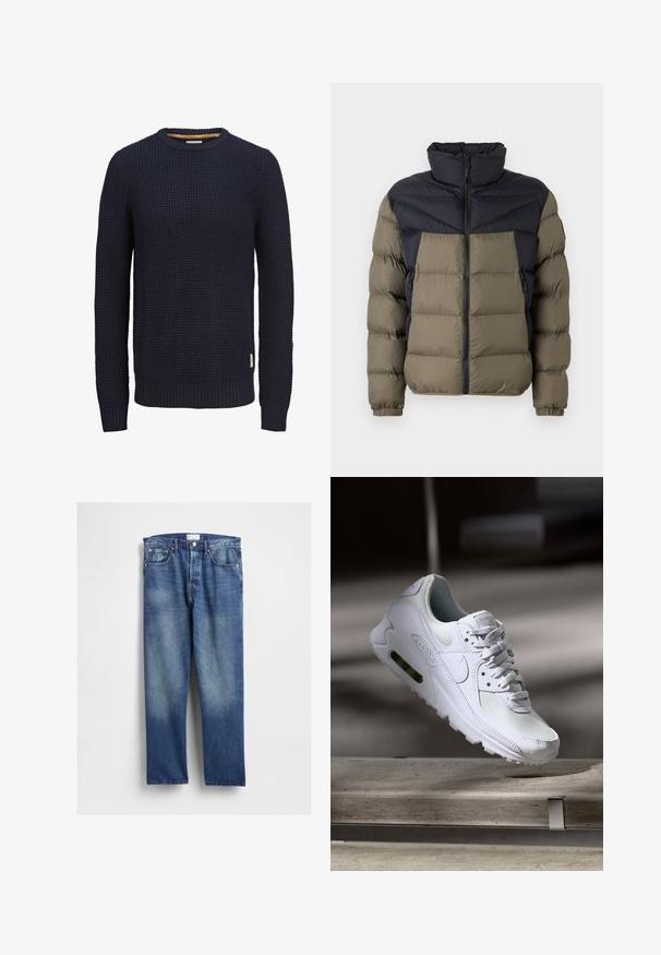 Veste rembourrée avec un col haut ; présente une partie supérieure bleu marine foncé et une partie inférieure verte olive ; comprend une fermeture éclair à l'avant et des poignets élastiqués.; Pull à col rond à manches longues en maille bleu marine avec motif gaufré texturé et poignets et ourlet côtelés.; Jean en denim bleu avec une coupe droite, présentant un délavage à l'avant, un style classique à cinq poches et des rivets métalliques sur les poches.; Sneaker Nike Air Max 90 blanche avec une tige en mesh et cuir, une boîte à orteils perforée et une unité air visible au talon.