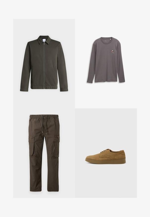 Veste zippée vert olive avec col, manches longues et poches latérales, présentée sur un fond gris clair.; Chemise grise à manches longues en coton avec un col rond. Présente un petit motif de skieur brodé sur la poitrine.; Pantalon cargo marron avec ceinture élastique et cordon de serrage, doté de poches à rabat sur les deux cuisses et d'une coupe droite des jambes.; Chaussure décontractée à lacets en daim marron avec semelle en caoutchouc plate, vue de côté sur un fond clair uni.