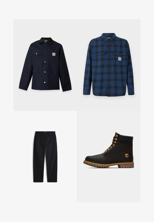 Veste bleu marine foncé avec col en velours côtelé noir, quatre poches avant, boutons-pression argentés et un petit écusson logo carré sur la poche poitrine.; Chemise en flanelle à carreaux bleus et noirs avec des manches longues, un devant à boutons, deux poches sur la poitrine et une étiquette de marque sur la poche gauche.; Pantalon noir en tissu mélangé coton, avec une coupe droite, des poches latérales et une fermeture à bouton. Aucun motif ou logo visible.; Bottine noire en cuir avec œillets dorés, accents marron et semelle en caoutchouc. Comprend un col rembourré et un logo estampé sur le côté.