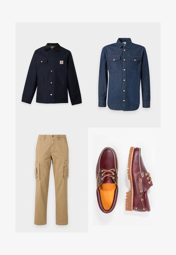Veste bleu marine foncé avec col en velours côtelé noir, quatre poches avant, boutons-pression argentés et un petit écusson logo carré sur la poche poitrine.; Chemise en denim bleu foncé avec un col classique, des manches longues et deux poches poitrine. Présente des boutons blancs et des coutures contrastées.; Pantalons cargo beiges avec deux poches latérales, une fermeture par bouton, un design droit et un tissu doux et texturé.; Chaussures en cuir bourgogne avec semelles en caoutchouc marron, bout rond, couture blanche et œillets dorés. L'intérieur présente une doublure jaune.