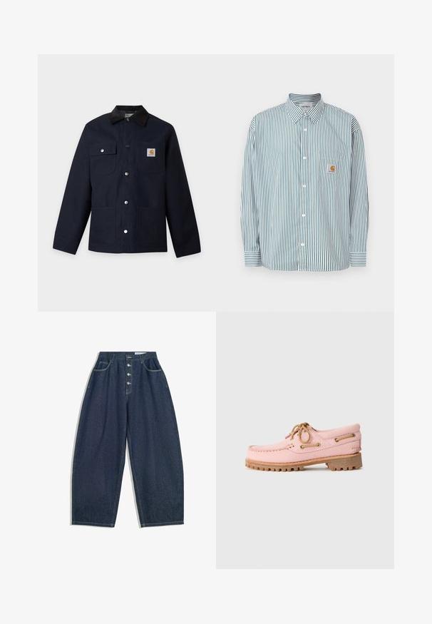 Veste bleu marine foncé avec col en velours côtelé noir, quatre poches avant, boutons-pression argentés et un petit écusson logo carré sur la poche poitrine.; Chemise rayée vert et blanc, dotée d'un col boutonné, de manches longues, d'une poche avant et d'une petite étiquette logo.; Pantalons en denim bleu foncé à jambes larges avec une taille haute, fermeture à cinq boutons et cinq poches. Présente des accents de couture sur les coutures.; Bateau en cuir rose avec des lacets marron, des œillets en métal et une semelle en caoutchouc épaisse de couleur marron, présenté en profil sur un fond blanc.