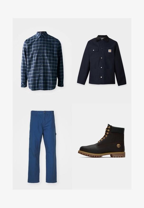 Veste bleu marine foncé avec col en velours côtelé noir, quatre poches avant, boutons-pression argentés et un petit écusson logo carré sur la poche poitrine.; Chemise à carreaux bleue et noire en coton, avec un devant à boutons, des manches longues et une poche sur la poitrine. Tissu texturé.; Pantalon en toile de coton bleu avec une coupe droite, doté d'une fermeture à bouton et de poches latérales. Texture lisse, sans motifs ou accents visibles.; Bottine noire en cuir avec œillets dorés, accents marron et semelle en caoutchouc. Comprend un col rembourré et un logo estampé sur le côté.