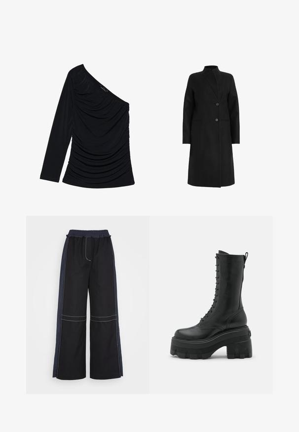Abrigo negro de mezcla de lana, con cuello alto, diseño de doble botonadura con dos botones y bolsillos laterales. Textura suave, hasta la rodilla.; Top negro de manga larga con diseño de un solo hombro, fruncido texturizado en el frente y acabado de tela suave.; 3.1 Phillip Lim COMBO UTILITY PANT - Pantalones - black eclipse; Botín de cuero negro con cordones y suela de plataforma alta, que presenta una punta redonda, cremallera lateral y suela texturizada para mayor agarre.