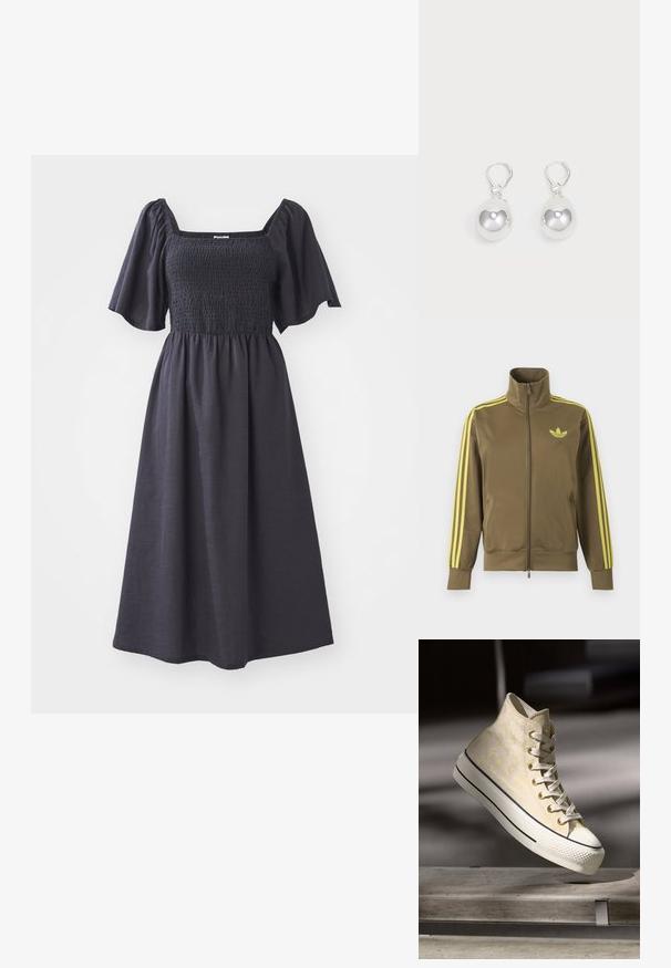 Veste de survêtement zippée vert olive avec col montant, trois bandes jaunes sur les manches et logo Adidas trefoil jaune sur la poitrine gauche.; Robe de couleur sombre avec un décolleté carré, un corsage smocké et de courtes manches volantes. La jupe tombe harmonieusement jusqu'à mi-mollet.; Baskets montantes avec un dessus texturé jaune clair, une protection en caoutchouc blanc à l'avant, et des rayures noires contrastantes sur la semelle blanche. Design à lacets.; Boucles d'oreilles en argent en forme de goutte avec des surfaces lisses, rondes et réfléchissantes, suspendues à des fermoirs à ressort. L'arrière-plan est blanc uni.