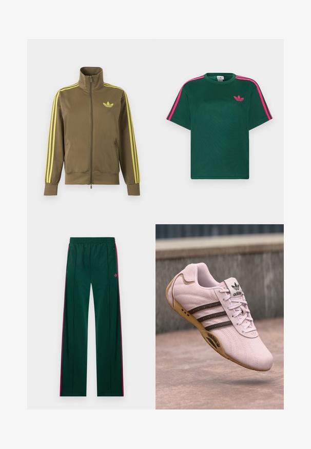 Veste de survêtement zippée vert olive avec col montant, trois bandes jaunes sur les manches et logo Adidas trefoil jaune sur la poitrine gauche.; T-shirt vert à manches courtes avec des rayures roses vives sur les épaules et le logo trèfle d'Adidas sur la poitrine.; Pantalon de sport vert foncé avec des bandes latérales roses, poches zippées, taille élastique, et petit logo Adidas rose sur le côté droit.; Baskets en daim rose avec semelle en caoutchouc, comportant trois rayures foncées, des lacets et le logo Adidas sur la languette. Design à bout rond.