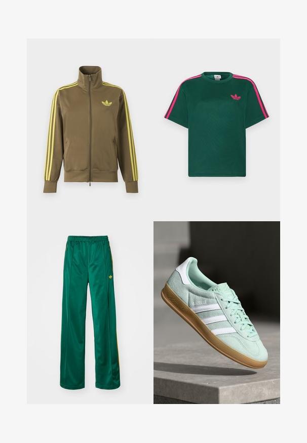 Oliven grøn lynlåstrøje med høj krave, gule tre striber på ærmerne og gult Adidas trefoil-logo på venstre bryst.; Grøn kortærmet t-shirt med lyserøde striber på skuldrene og Adidas trefoil-logo på brystet.; Grønne satin atletikbukser med en afslappet pasform, der har gule stribeaccenter og et broderet logo på venstre side. Elastisk talje.; Adidas Gazelle sneakers i mintgrønt ruskind med hvide accenter, snørebåndslukning og en sål i gummigummi. Har tre hvide striber.