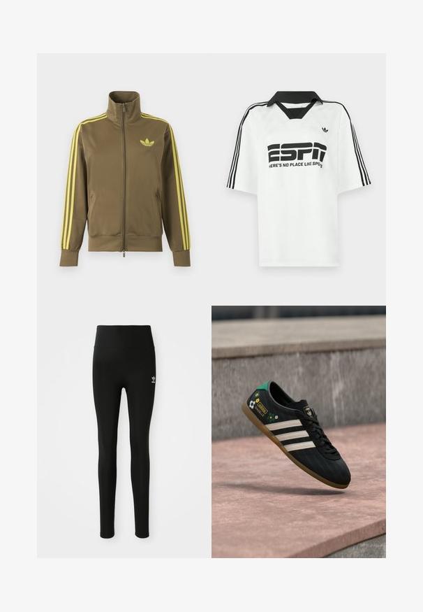 Olivgroene trainingsjas met rits en hoge kraag, gele drie strepen op de mouwen en geel Adidas trefoil-logo op de linkerborst.; Witte korte mouwen blouse met een zwarte kraag, drie zwarte strepen op de mouwen en een gedurfde zwarte tekst met de woorden "ESPN" en "HIER IS NO PLACE LIKE SPOTS."; Zwarte legging van rekbaar materiaal met een hoge taille, voorzien van een klein wit Adidas-logo op het linkerbeen. Gladde textuur.; Zwarte sportschoen met witte strepen, een bovenwerk met patroon en bloemenaccenten, en een groene hiel. Rubberen zool zorgt voor grip.