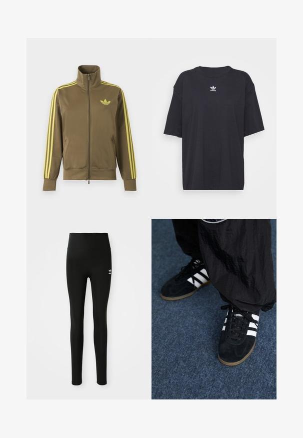 Olivovo zelená štýlová bunda na zips s vysokým golierom, žlté tri pruhy na rukávoch a žlté logo Adidas trefoil na ľavej strane hrude.; Čierne bavlnené tričko s krátkymi rukávmi, okrúhlym výstrihom, na hrudi s bielym logom Adidas. Jednoduchý dizajn, voľný strih.; Čierne legíny vyrobené z elastického materiálu s vysokým pásom, s malým bielym logom Adidas na ľavom stehne. Hladká textúra.; Čierne roháčiky z semišu so tromi bielymi pruhmi a čiernymi šnúrkami. Texturované čierne nohavice sú čiastočne viditeľné vedľa topánok.