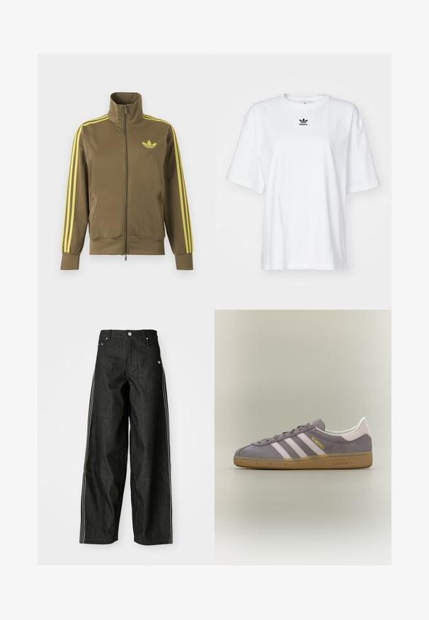 Olivgroene trainingsjas met rits en hoge kraag, gele drie strepen op de mouwen en geel Adidas trefoil-logo op de linkerborst.; Witte korte mouwen t-shirt van katoen. Voorzien van een ronde hals en een klein zwart Adidas-logo op de borst. Rechthoekige zoom.; Zwarte denim wijde broek met witte zijkanten, voorzien van voorzakken, een knoopsluiting en een subtiele logo nabij de tailleband.; Lage Adidas München sneaker in grijs suède met witte strepen, gumzool en gouden "München" tekst aan de zijkant.