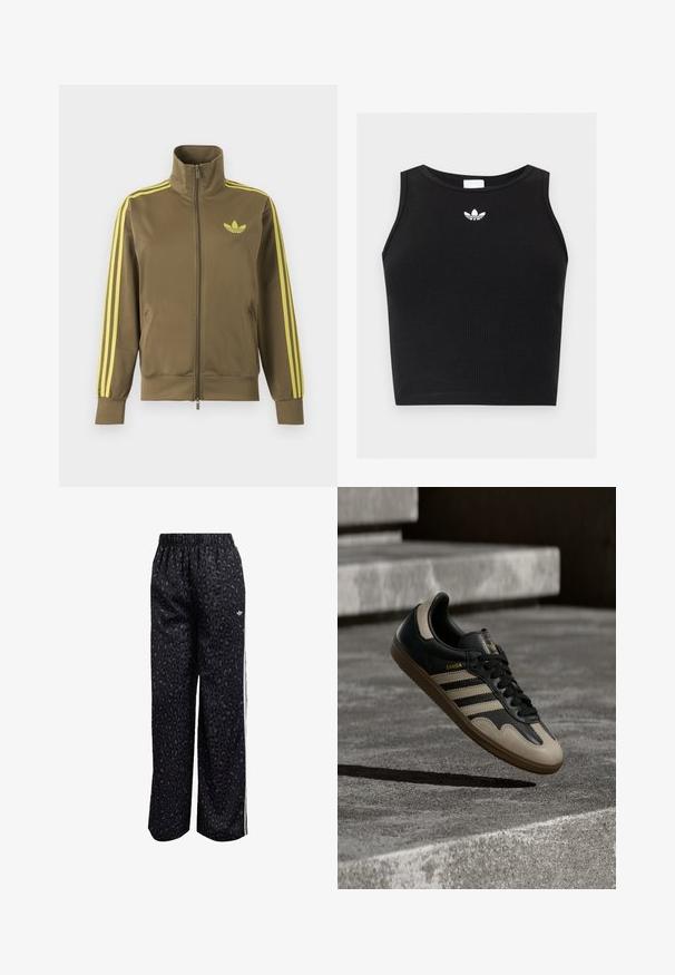 Olivgrüne Zip-Jacke mit hohem Kragen, gelben drei Streifen an den Ärmeln und gelbem Adidas-Trefoil-Logo auf der linken Brust.; Schwarzes, geripptes ärmelloses Crop-Top mit rundem Ausschnitt und kleinem weißen Adidas-Trefoil-Logo, das zentriert in der Nähe des Kragens platziert ist.; Schwarze Sporthose mit Leopardenmuster, elastischem Bund und weißen Seitenstreifen. Gefertigt aus glattem, leichtem Material.; Schwarzer und beiger Ledersneaker mit drei weißen Streifen, tannengrüner Gummisohle und goldener "Samba"-Detailierung an der Seite.