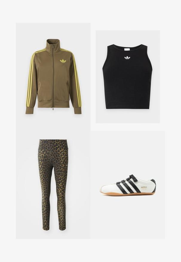 Olivovo zelená štýlová bunda na zips s vysokým golierom, žlté tri pruhy na rukávoch a žlté logo Adidas trefoil na ľavej strane hrude.; Čierny rebrovaný krátky top bez rukávov s okrúhlym výstrihom a malým bielym logom Adidas trefoil umiestneným v strede pri golieri.; Legíny s leopardím vzorom s vysokým pásom, elastickou tkaninou a čiernymi akcentmi na svetlohnedom podklade, navrhnuté pre pohodlie a prispôsobenie.; Biele tenisky Adidas Tokyo s čiernymi pruhmi, čiernymi suchými zipsami a podrážkou v gumovej farbe, zobrazené z boku na bielom pozadí.