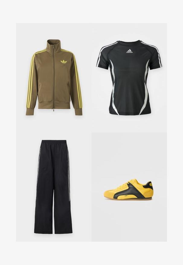 Olivovo zelená štýlová bunda na zips s vysokým golierom, žlté tri pruhy na rukávoch a žlté logo Adidas trefoil na ľavej strane hrude.; Čierne športové tričko Adidas s krátkym rukávom, s bielymi pruhmi na ramenách a striebornými zakrivenými akcentmi po stranách.; Čierne široké teplákové nohavice s elastickým pásom a tromi bielymi pruhmi na boku každej nohavice.; Žlté tenisky s čiernym koženým bočným panelom, textúrovaným textilným zvrškom, okrúhlou špičkou a gumovou podrážkou, s logom na boku.