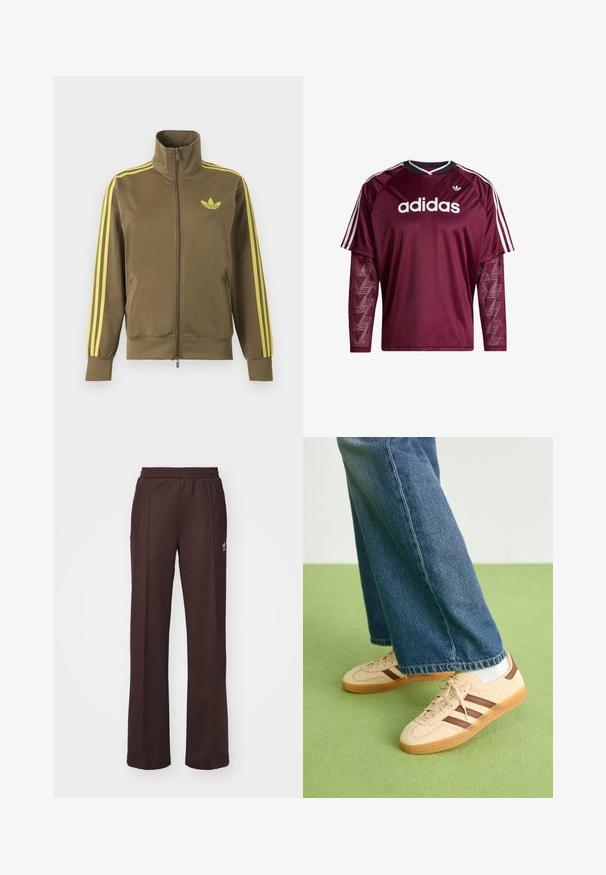 Olivovo zelená štýlová bunda na zips s vysokým golierom, žlté tri pruhy na rukávoch a žlté logo Adidas trefoil na ľavej strane hrude.; Vínovočervené tričko Adidas s dlhým rukávom a sieťovinovými rukávmi, biele logo a pruhy na pleciach, čierno-biely golier, pohľad spredu.; Hnedé športové nohavice s elastickým pásom, dvoma bočnými vreckami a malým logom na ľavej strane, vyrobené z mäkkej látky.; Béžové tenisky s textúrovanými krémovými panelmi a hnedými pruhmi, skombinované s modrými džínsami. Džínsy majú široké nohavice a roztrhnutý lem.