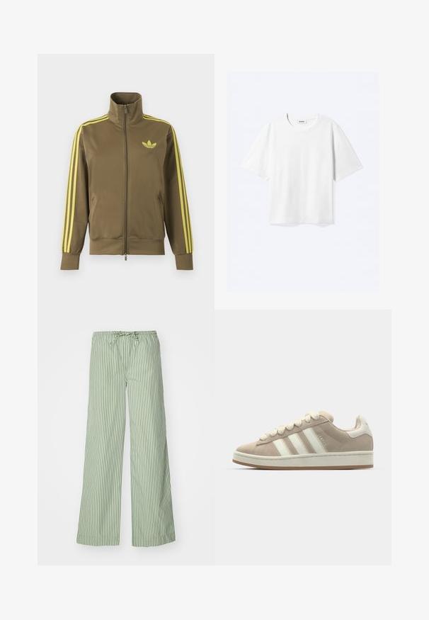 Olivovo zelená štýlová bunda na zips s vysokým golierom, žlté tri pruhy na rukávoch a žlté logo Adidas trefoil na ľavej strane hrude.; Biele tričko s krátkym rukávom, okrúhlym výstrihom a rovnou spodnou časťou, s označením "WEEKDAY" vo vnútri výstrihu.; Zelené pruhované nohavice s širokými nohavicami, elastickým pásom a šnúrkou na sťahovanie. Vyrobené z ľahkej látky, s vertikálnymi bielymi pruhmi.; Hnedé semišové tenisky s bielymi koženými pruhmi a šnúrkami, gumová podrážka, polstrovaný golier a textúrované detaily na vrchnej strane.