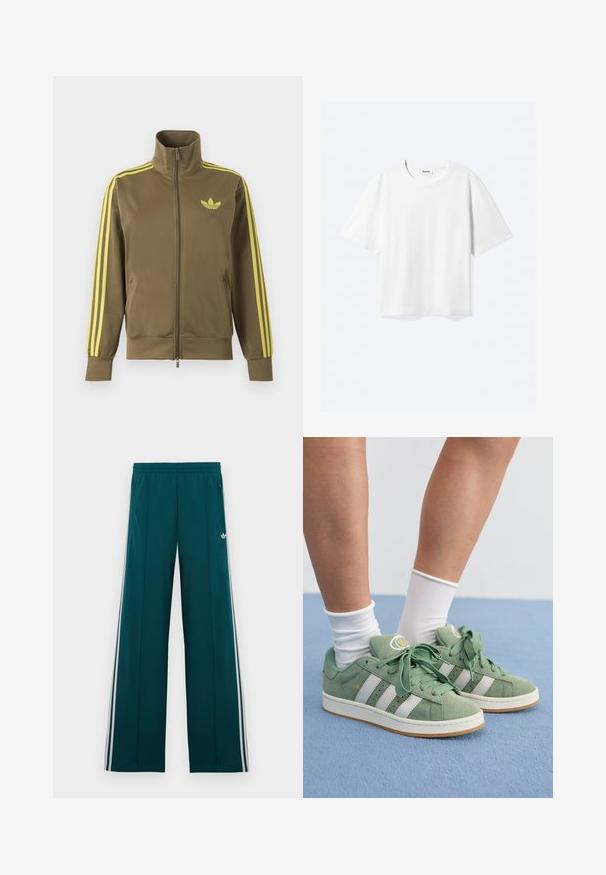 Oliivroheline lukuga spordijakk kõrge kraega, kollaste triipudega varrukatel ja kollase Adidas trefoil logoga vasakul rinnal.; Valge lühikeste varrukatega T-särk ümmarguse kaelusega ja sirge äärega, kaeluses sees kaubamärgiga "WEEKDAY" silt.; Tömbiistmelised laiad rohelised spordipüksid elastse vöökohaga, valgete küljeribadega, tõmblukuga taskutega ja väikese valge kolme lehega logoga paremal reiel.; Roheline sametist tossud valgete triipudega. Omavad ümmarguseid paelu, tekstureeritud keelti ja ringikujulist logo keeltel.
