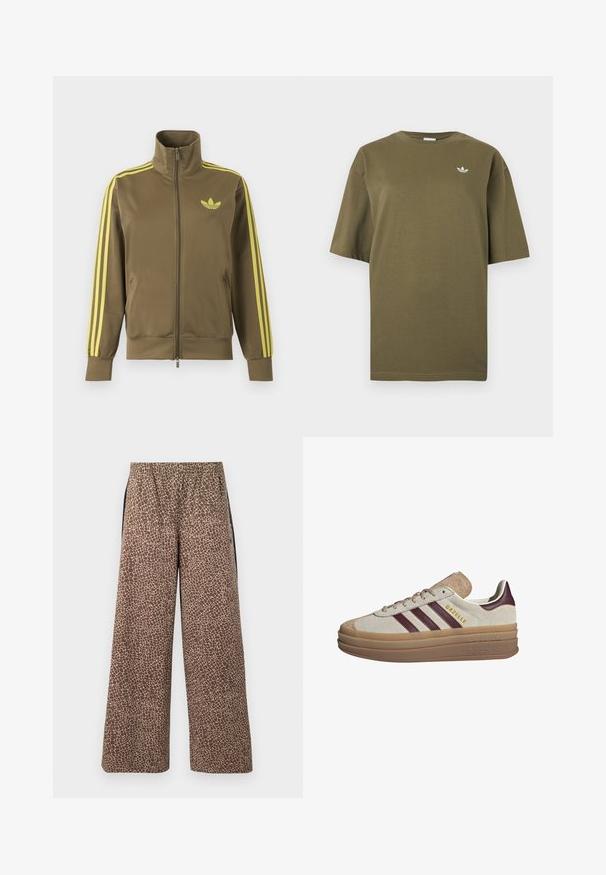 Oliven grøn lynlåstrøje med høj krave, gule tre striber på ærmerne og gult Adidas trefoil-logo på venstre bryst.; Olivengrøn kortærmet T-shirt med rund hals og lille hvid Adidas trefoil-logo på venstre bryst.; Brune bukser med vide ben og et beige dyreprintmønster, elastisk linning og kontrasterende sorte sidestriber. Blød stoftekstur.; Beige ruskinds sneakers med maroon striber, hvide accenter, en kraftig gennemsigtig sål og forhøjet branding på siden. Snørebåndsdesign.