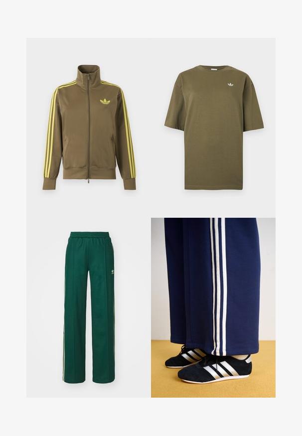 Olivovo zelená štýlová bunda na zips s vysokým golierom, žlté tri pruhy na rukávoch a žlté logo Adidas trefoil na ľavej strane hrude.; Krátke tričko olivovo zelenej farby s okrúhlym výstrihom a malým bielym logom Adidas trefoil na ľavej strane hrudníka.; Tmavohnedé športové nohavice s voľným strihom, s nastaviteľným pásom na šnúrku, postrannými vreckami a smotanovými pruhmi po stranách.; Námornícke tepláky s tromi bielymi vertikálnymi pruhmi a čiernymi atletickými topánkami so striebornými pruhmi a textúrovaným povrchom. Žltá podlaha.