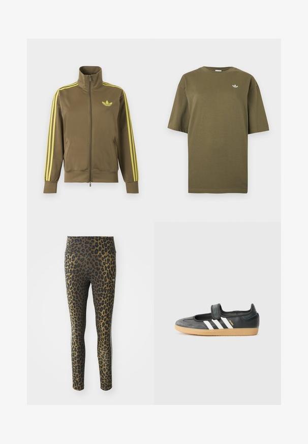 Olivovo zelená štýlová bunda na zips s vysokým golierom, žlté tri pruhy na rukávoch a žlté logo Adidas trefoil na ľavej strane hrude.; Krátke tričko olivovo zelenej farby s okrúhlym výstrihom a malým bielym logom Adidas trefoil na ľavej strane hrudníka.; Legíny s leopardím vzorom s vysokým pásom, elastickou tkaninou a čiernymi akcentmi na svetlohnedom podklade, navrhnuté pre pohodlie a prispôsobenie.; Čierne kožené a zamšové tenisky s Velcro pásikom, s tromi bielymi pruhmi a gumenou podrážkou, označené nápisom "SAMBA" na boku.
