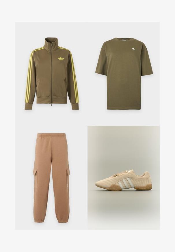 Olivgrüne Zip-Jacke mit hohem Kragen, gelben drei Streifen an den Ärmeln und gelbem Adidas-Trefoil-Logo auf der linken Brust.; Olivgrünes T-Shirt mit kurzen Ärmeln, Rundhalsausschnitt und kleinem weißen Adidas-Trefoil-Logo auf der linken Brust.; Beige Cargo-Hosen aus weichem Stoff mit einem elastischen Bund, angeschnittenen Knöcheln und seitlichen Taschen, die ein kleines Logodetail aufweisen.; Beiger Wildledersneaker mit weißen Streifen und strukturierter Gummisohle, Seitenansicht vor neutralem Hintergrund.