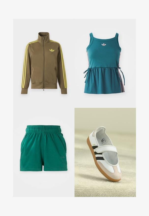 Olivgroene trainingsjas met rits en hoge kraag, gele drie strepen op de mouwen en geel Adidas trefoil-logo op de linkerborst.; Cyan mouwloze top met geplooide taille, roze zijkanten en geborduurd logo. Gemaakt van zachte stof met een losse pasvorm en strikaccenten.; Groene casual shorts met elastische taille en zijzakken, met een subtiele logo op het rechterbeen.; Witte schoen met een roze suède neus, zwarte strepen en een klittenbandsluiting. Heeft een tan rubberen zool en een logo aan de zijkant.