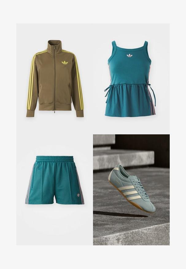 Chaqueta deportiva verde oliva con cremallera, cuello alto, tres rayas amarillas en las mangas y logo amarillo de Adidas trefoil en el pecho izquierdo.; Top sin mangas de color verde azulado con cintura fruncida, rayas laterales rosas y logotipo bordado. Fabricado con material suave, de corte relajado y con detalles de lazo.; Shorts deportivos en color teal con cinturilla elástica, presentan detalles laterales en rayas rosa y blanca, y bolsillos laterales con cremallera. Logo en el dobladillo.; Zapatilla deportiva azul claro con rayas blancas, fabricada con material suave, que presenta una superficie texturizada y una suela de goma marrón.