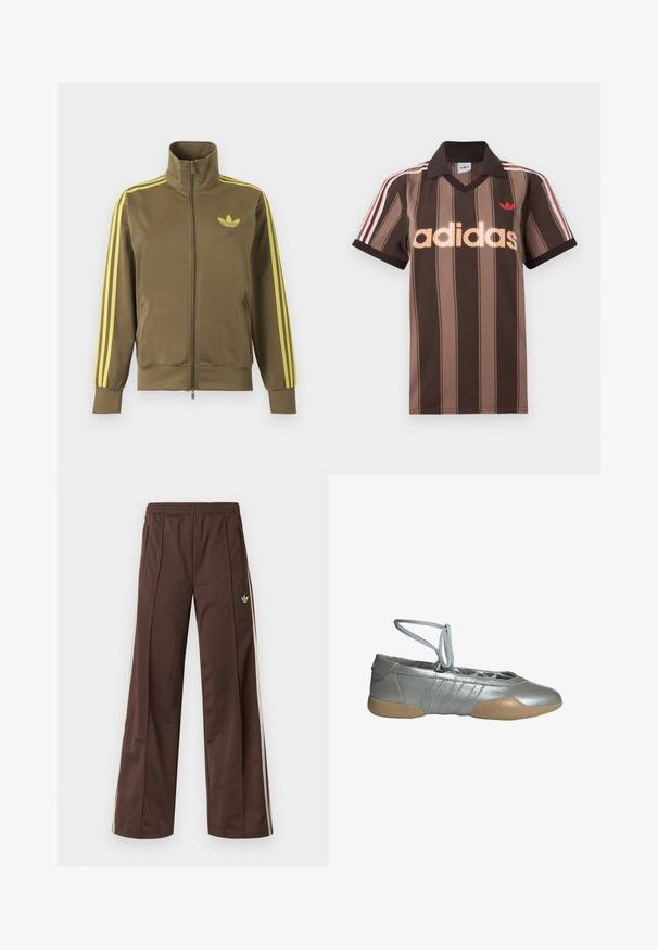 Oliivroheline lukuga spordijakk kõrge kraega, kollaste triipudega varrukatel ja kollase Adidas trefoil logoga vasakul rinnal.; Pruunide triipudega Adidas polotee, V-kaelusega, bordeau krae ja punase logoga. Omad valge ja punase triibuga õlad ning lühikesed varrukad.; Pruunid sportpüksid laiade säärtega, valgete küljeribadega, elastse vöökohaga ja kahe küljetaskuga. Jalal on väike logo.; Hõbedane baleriiniking koos beežist kummist tallaga ja pahkluu ümber mähitavate paeltega, disainitud kerguse, mugavuse ja paindliku sobivuse tagamiseks.