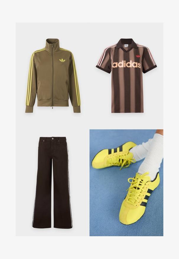 Oliivroheline lukuga spordijakk kõrge kraega, kollaste triipudega varrukatel ja kollase Adidas trefoil logoga vasakul rinnal.; Pruunide triipudega Adidas polotee, V-kaelusega, bordeau krae ja punase logoga. Omad valge ja punase triibuga õlad ning lühikesed varrukad.; Pruunid laia säärega teksad denimist, millel on valged küljeribad, klassikaline viie taskuga disain ja metallist nööbi kinnis.; Kirkad kollased spordijalatsid mustade triipude ja nööridega; omavad tekstuurset pealisosa ja sametist detaile. Seljas valged ribadega sokid.