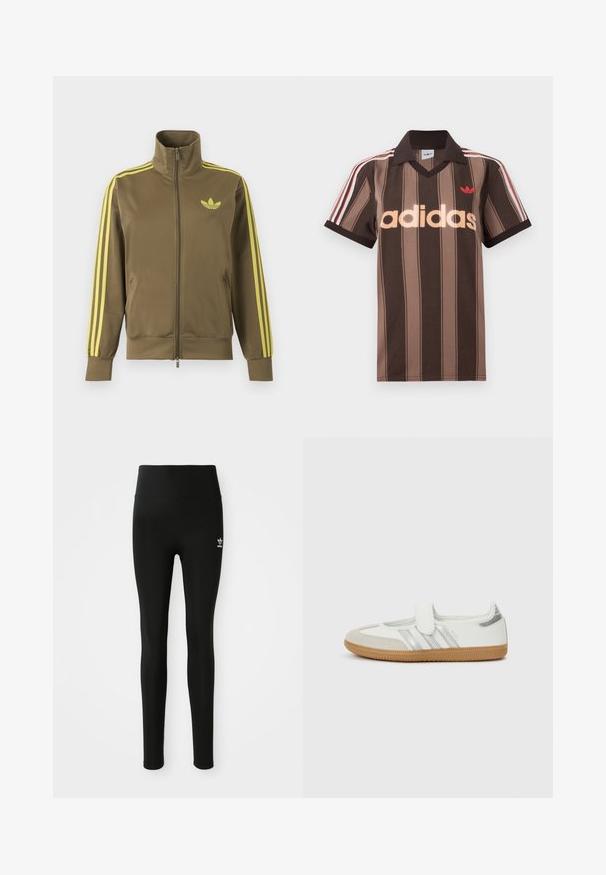 Olivovo zelená štýlová bunda na zips s vysokým golierom, žlté tri pruhy na rukávoch a žlté logo Adidas trefoil na ľavej strane hrude.; Hnedé prúžkované polo tričko Adidas s výstrihom do V, bordovým golierom a červeným logom. Má bielo-červené pruhy na ramenách a krátke rukávy.; Čierne legíny vyrobené z elastického materiálu s vysokým pásom, s malým bielym logom Adidas na ľavom stehne. Hladká textúra.; Biela teniska so striebornými pruhmi, zamatovou špičkou a suchým zipsom. Textúrovaná podrážka z gumy vo farbe žuvačky. Minimalistický dizajn s hladkým povrchom.