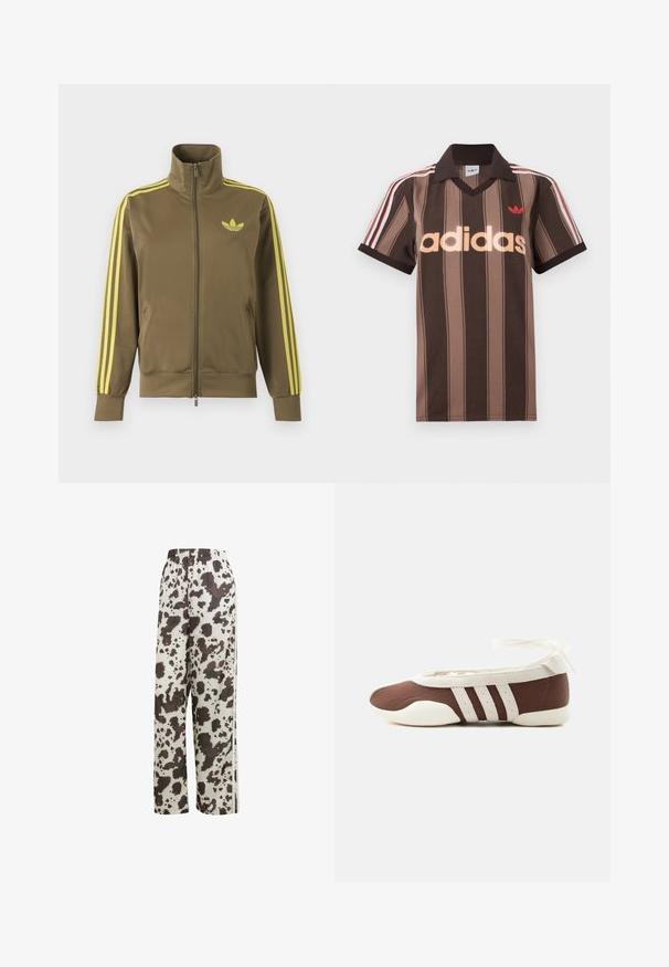 Olivgrüne Zip-Jacke mit hohem Kragen, gelben drei Streifen an den Ärmeln und gelbem Adidas-Trefoil-Logo auf der linken Brust.; Braunes gestreiftes Adidas-Poloshirt mit V-Ausschnitt, bordeauxrotem Kragen und rotem Logo. Mit weißen und roten Schulterstreifen, kurzen Ärmeln.; adidas Originals COW PRINT SATIN WIDE LEG - Jogginghose - multicolor off white; Brauner und weißer Ballerinaschuh mit drei weißen Streifen und einer Schleife zum Binden am Knöchel auf einem schlichten hellen Hintergrund.