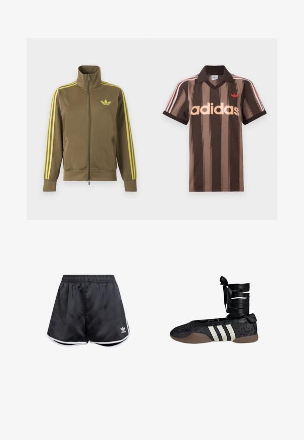 Olivgrüne Zip-Jacke mit hohem Kragen, gelben drei Streifen an den Ärmeln und gelbem Adidas-Trefoil-Logo auf der linken Brust.; Braunes gestreiftes Adidas-Poloshirt mit V-Ausschnitt, bordeauxrotem Kragen und rotem Logo. Mit weißen und roten Schulterstreifen, kurzen Ärmeln.; Schwarze Sportshorts aus glattem synthetischem Material, mit weißen seitlichen Akzenten und einem gestickten Logo unten links.; Schwarzer Ballettschuh mit Blumenmuster, weißem Drei-Streifen-Design und einem Stoffband zum Wickeln um den Knöchel. Strukturiertes Material und eine flexible braune Sohle.