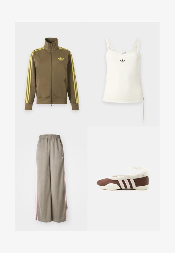 Oliven grøn lynlåstrøje med høj krave, gule tre striber på ærmerne og gult Adidas trefoil-logo på venstre bryst.; Cremefarvet tanktop med tynde stropper; Adidas-logo i sort på brystet. Glat stof med en snorejustering ved kanten. Enkel design.; Lyse olivengrønne bløde bukser med brede ben og lodrette striber, elastisk talje og lyserøde sidelister. Har et lille logo på hoften.; Brun og hvid balletflad sko med tre hvide striber og ankelbånds sløjfe på en ensartet lys baggrund.