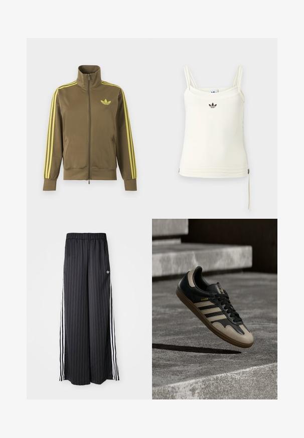 Olivgrüne Zip-Jacke mit hohem Kragen, gelben drei Streifen an den Ärmeln und gelbem Adidas-Trefoil-Logo auf der linken Brust.; Cremefarbenes Tanktop mit dünnen Trägern; Adidas-Logo in Schwarz auf der Brust. Glatter Stoff mit Kordelzug-Detail am Saum. Einfaches Design.; Schwarzfarbene, weit geschnittene Hosen mit vertikalen weißen Streifen, elastischem Bund und drei weißen Streifen an der Seite. Adidas-Logo auf der Vorderseite.; Schwarzer und beiger Ledersneaker mit drei weißen Streifen, tannengrüner Gummisohle und goldener "Samba"-Detailierung an der Seite.