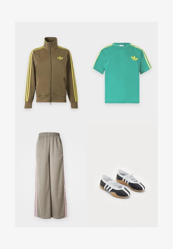 Oliivroheline lukuga spordijakk kõrge kraega, kollaste triipudega varrukatel ja kollase Adidas trefoil logoga vasakul rinnal.; Roheline puuvillane T-särk lühikeste varrukatega, kollaste triipudega õlgadel ja rinnal tikitud kolmelehine logo.; Heledad oliivrohelised laiad püksid vertikaalsete triipudega, elastse vöökohaga ja roosa külgtriibuga. Funktsiooniks on väike logo puusal.; Mustvalged spordijalatsid, millel on sile disain, kummist tald, paeltest kinni tõmmatav sulgur ja kolm valget triipu külgedel.