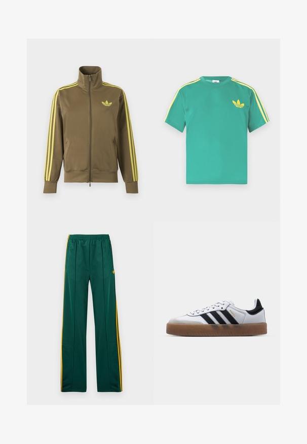 Oliven grøn lynlåstrøje med høj krave, gule tre striber på ærmerne og gult Adidas trefoil-logo på venstre bryst.; Grøn bomulds t-shirt med korte ærmer, med gule striber langs skuldrene og et broderet tre-bladet logo på brystet.; Grønne sportbukser med gule striber i siden, elastisk taljebånd og to sidelommer. Fremstillet af glat, let materiale.; Hvide lædersneakers med sorte striber, gummirubber sål, rund tå, snørelukning og blød grå ruskinds tåhætte.