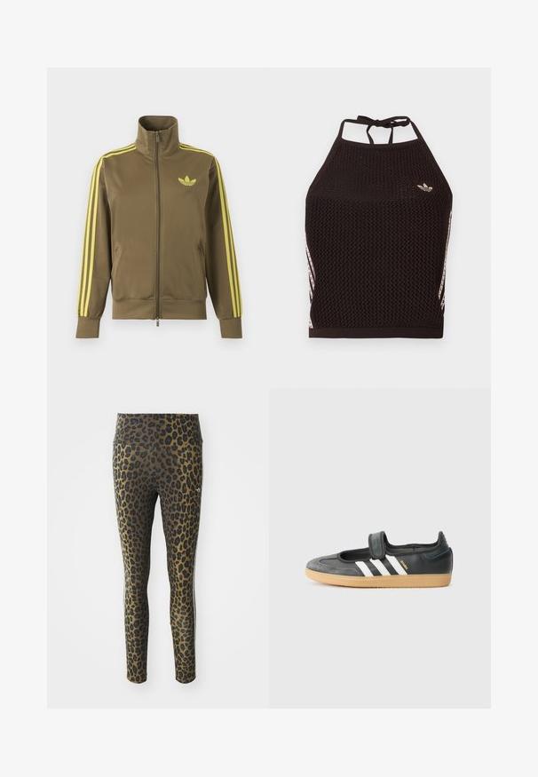 Oliivroheline lukuga spordijakk kõrge kraega, kollaste triipudega varrukatel ja kollase Adidas trefoil logoga vasakul rinnal.; Mustast võrgust kaelusega top tekstuurse mustriga. Esiküljel on roosad aksendtriibud ja väike logo. Seljal lipsuga kinnis.; Leopardimustriga retuusid, millel on kõrge vöökoht, veniv kangas ja mustad aktsendid heledal pruunil taustal, loodud mugavuse ja sobivuse tagamiseks.; Mustmust ja sametist sneaker, millel on Velcro rihm, kolm valget triipu ja kummi tallad, küljel on silt "SAMBA".