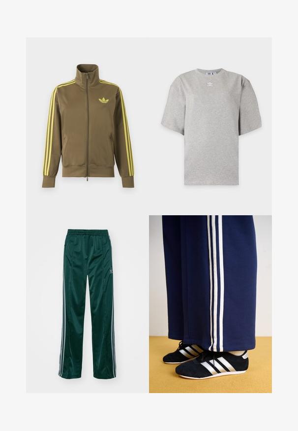 Olivovo zelená štýlová bunda na zips s vysokým golierom, žlté tri pruhy na rukávoch a žlté logo Adidas trefoil na ľavej strane hrude.; Svetlosivé tričko Adidas s krátkym rukávom, okrúhlym výstrihom a malým bielym logom Adidas na hrudi, zobrazené na jednoduchom pozadí.; Tmavozelené športové nohavice vyrobené z lesklého materiálu, s bočnými pruhmi v svetlošedej farbe a vyšitým logom na ľavom stehne.; Námornícke tepláky s tromi bielymi vertikálnymi pruhmi a čiernymi atletickými topánkami so striebornými pruhmi a textúrovaným povrchom. Žltá podlaha.