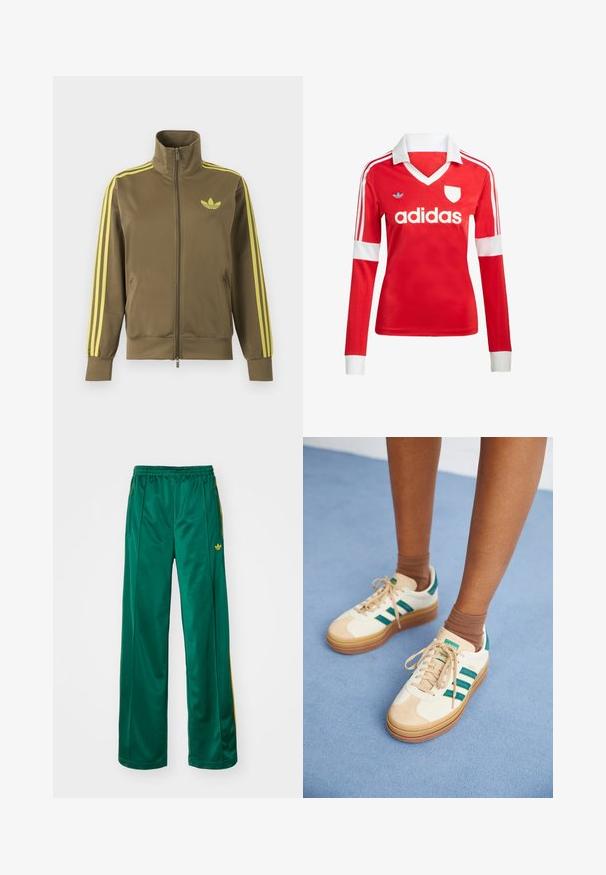 Olivovo zelená štýlová bunda na zips s vysokým golierom, žlté tri pruhy na rukávoch a žlté logo Adidas trefoil na ľavej strane hrude.; Červený futbalový dres s dlhým rukávom a bielym golierom a manžetami. Na ramenách sú tri biele pruhy a výrazne zobrazené logo "adidas".; Zelené saténové športové nohavice s voľným strihom, s žltými pruhmi a vyšitým logom na ľavej strane. Elastický pás.; Béžové tenisky s tmavozelenými pruhmi, gumenou podrážkou, zvrškom z semišu a textilu, a neutrálnym hardvérom, skombinované s hnedými ponožkami na svetlomodrom povrchu.