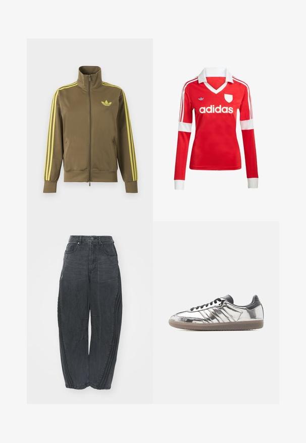 Olivovo zelená štýlová bunda na zips s vysokým golierom, žlté tri pruhy na rukávoch a žlté logo Adidas trefoil na ľavej strane hrude.; Červený futbalový dres s dlhým rukávom a bielym golierom a manžetami. Na ramenách sú tri biele pruhy a výrazne zobrazené logo "adidas".; Voľné čierne denimové džínsy so zosušeným povrchom, piatimi vreckami, zapínaním na gombík v páse a prešívaním na prednej strane a po stranách.; Nízka teniska s reflexnou striebornou vrchnou časťou, čiernymi šnúrkami a pätou a béžovou gumovou podrážkou na jednoduchom svetlom pozadí.