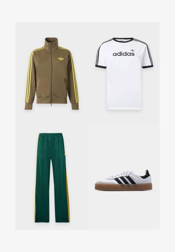 Olivovo zelená štýlová bunda na zips s vysokým golierom, žlté tri pruhy na rukávoch a žlté logo Adidas trefoil na ľavej strane hrude.; Biele bavlnené tričko s čiernymi akcentmi, so zapínaním okolo krku, krátkymi rukávmi, tromi čiernymi pruhmi na ramenách a čiernym logom „adidas“.; Zelené športové nohavice so žltými bočnými pruhmi, elastickým pásom a dvoma bočnými vreckami. Vyrobené z hladkého, ľahkého materiálu.; Biele kožené tenisky s čiernymi pruhmi, gumová podrážka, okrúhla špička, šnurovanie a mäkký sivý semišový špička.