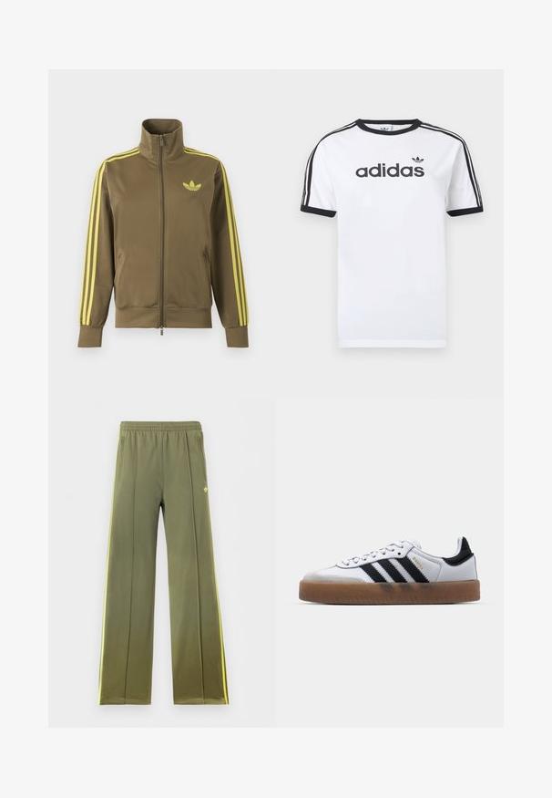 Chaqueta deportiva verde oliva con cremallera, cuello alto, tres rayas amarillas en las mangas y logo amarillo de Adidas trefoil en el pecho izquierdo.; Camiseta blanca de algodón con detalles en negro, presenta un cuello redondo, mangas cortas, tres rayas negras en los hombros y el logo "adidas" en negro.; Pantalones deportivos verde oliva con cintura elástica, bolsillos laterales, franjas laterales amarillas y pequeño logo trébol en la parte delantera.; Zapatillas de cuero blancas con rayas negras, suela de goma, puntera redonda, cierre de cordones y caperuza de ante gris suave.