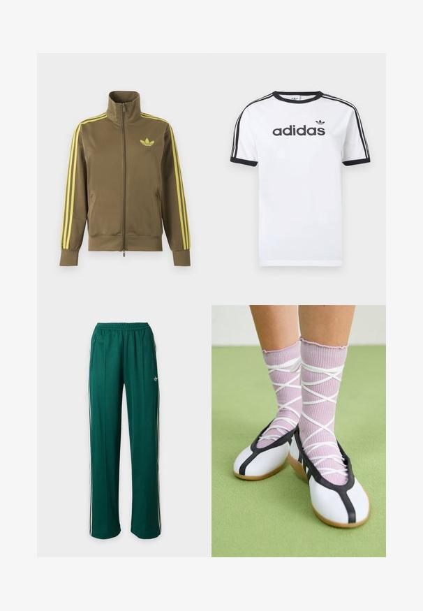 Oliivroheline lukuga spordijakk kõrge kraega, kollaste triipudega varrukatel ja kollase Adidas trefoil logoga vasakul rinnal.; Valge puuvillane T-särk mustade detailidega, millel on ümara kaelusega, lühikesed varrukad, kolm musta triipu õlgadel ja must "adidas" logo.; Rohelised Adidas dressipüksid valgete küljeribadega, elastse vöökohaga, kahe esist tõmblukuga taskuga ja väikese Adidas logo vasakul reiel.; Jalgu ribaga lillasid punutud sokid valgete ristikkäiste rihmadega ning valgete tantsujalatsitega musta äärtega rohelisel põrandal.