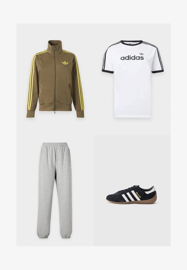 Olivovo zelená štýlová bunda na zips s vysokým golierom, žlté tri pruhy na rukávoch a žlté logo Adidas trefoil na ľavej strane hrude.; Biele bavlnené tričko s čiernymi akcentmi, so zapínaním okolo krku, krátkymi rukávmi, tromi čiernymi pruhmi na ramenách a čiernym logom „adidas“.; Svetlosivé tepláky s elastickým pásom a manžetami, bočnými vreckami a malým bielym logom na hornej časti stehna.; Čierna semišová teniska s tromi bielymi pruhmi, gumovou podrážkou a malým zlatým logom na boku. Má hladkú čiernu vnútornú podšívku.