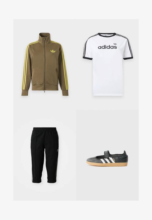 Oliivroheline lukuga spordijakk kõrge kraega, kollaste triipudega varrukatel ja kollase Adidas trefoil logoga vasakul rinnal.; Valge puuvillane T-särk mustade detailidega, millel on ümara kaelusega, lühikesed varrukad, kolm musta triipu õlgadel ja must "adidas" logo.; Mustad mustrid spordipüksid elastse vöökohtaga, külgedel lukk-kotid ja valged aktsenttriibud õmbluste ääres. Valmistatud siledast ja vastupidavast materjalist.; Mustmust ja sametist sneaker, millel on Velcro rihm, kolm valget triipu ja kummi tallad, küljel on silt "SAMBA".